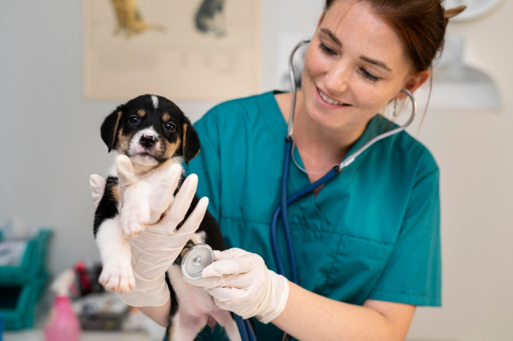 veterinarian taking care of dog