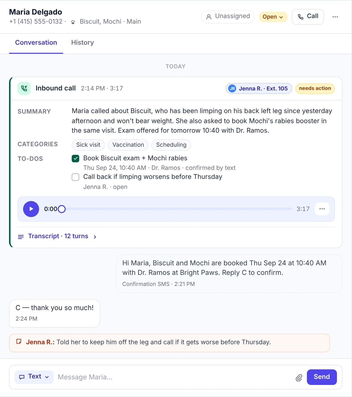 One conversation in PupPilot: a phone call with its summary, to-dos and recording, the confirmation text that followed, the client’s reply and a note from the team.