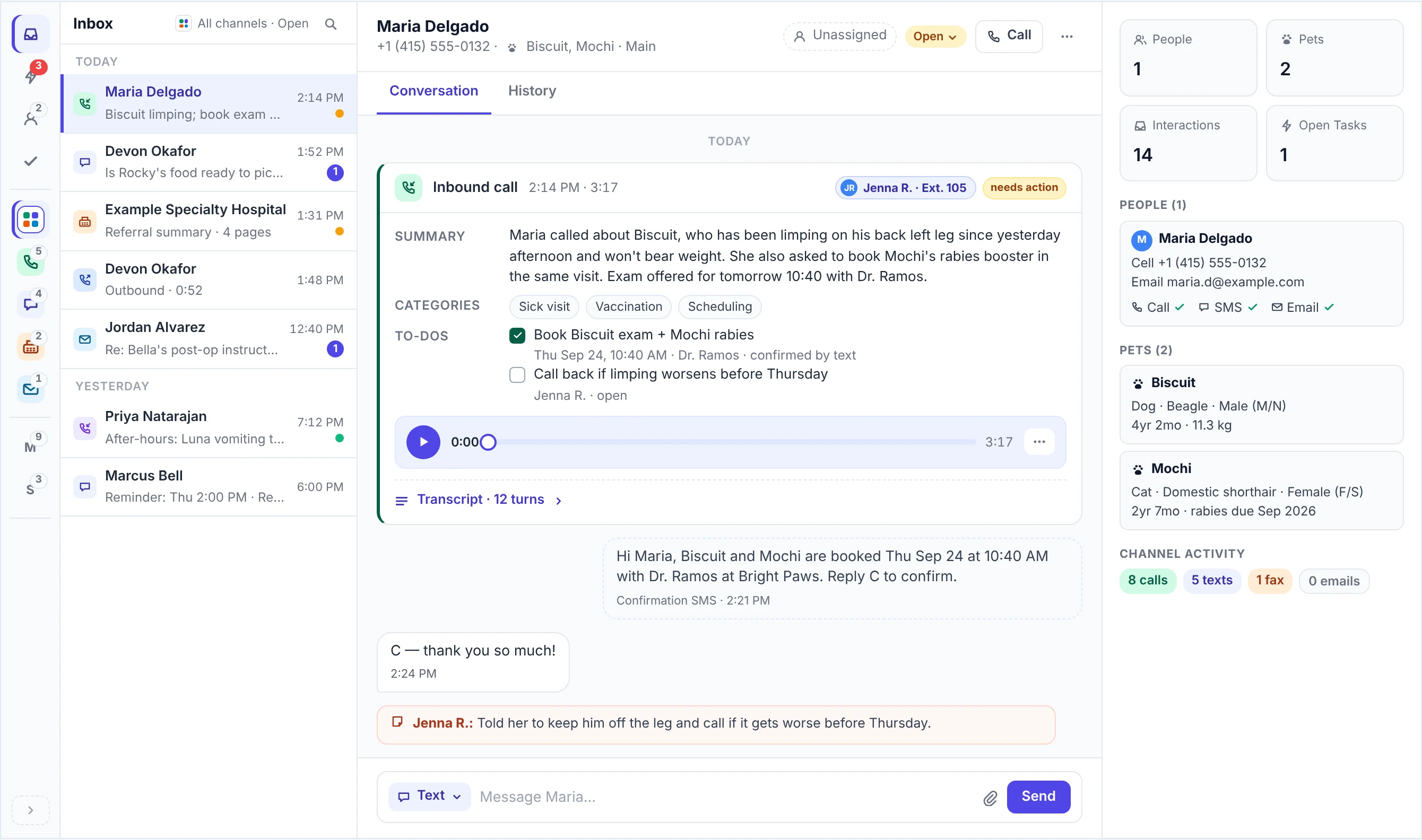 The PupPilot inbox with a client’s conversation open: the list of calls, texts, faxes and emails on the left, a call with its summary and to-dos in the middle, and the client and her pets on the right.