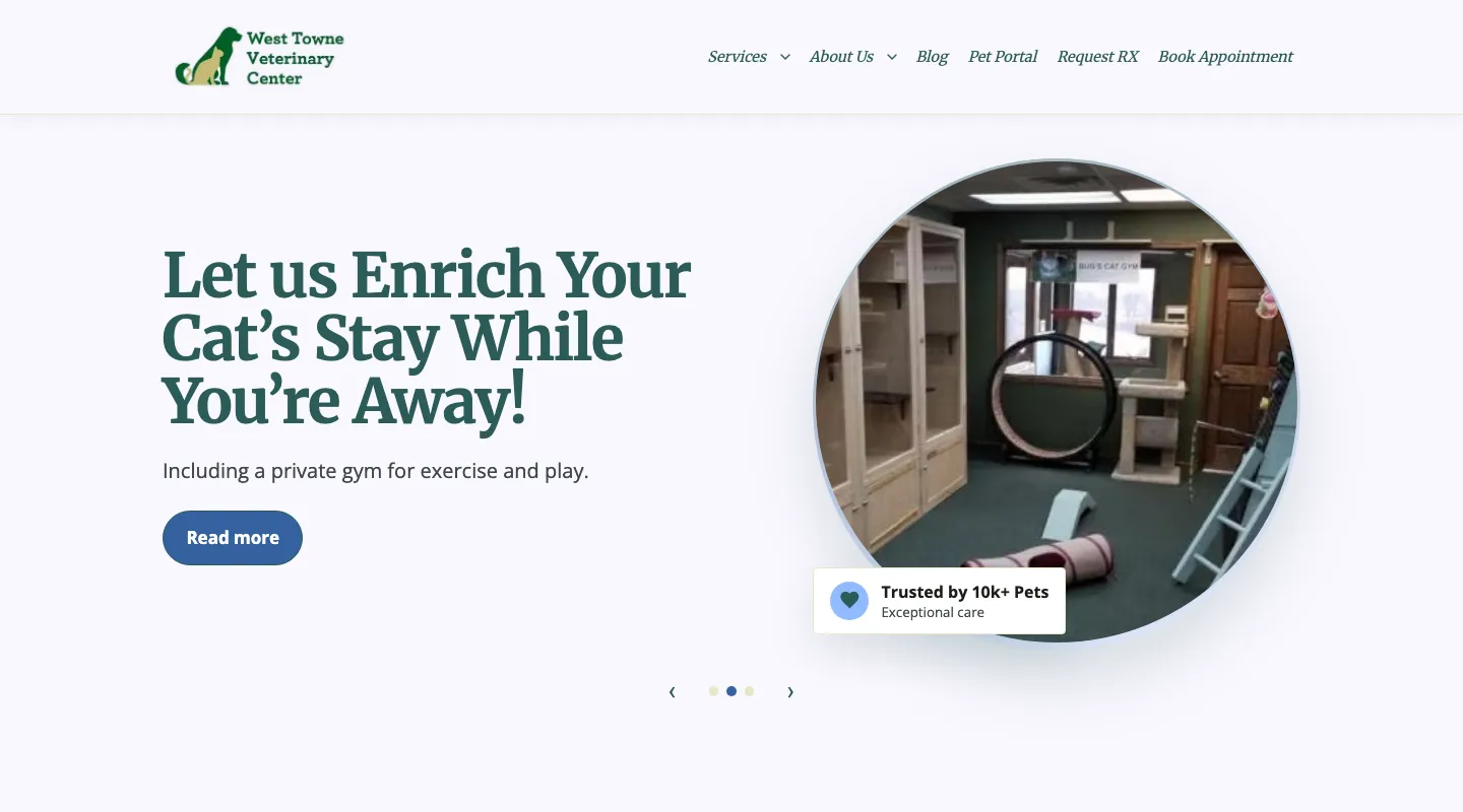 The homepage of West Towne Veterinary Center at westtownevet.com